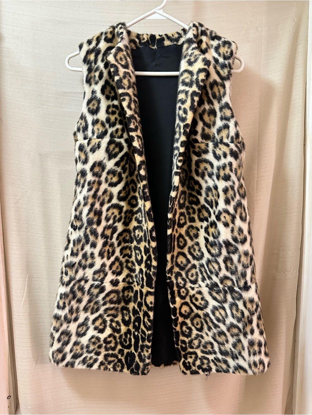 Women’s Leopard Print Faux Fur Long Open Vest Sleeveless Size Small Festival